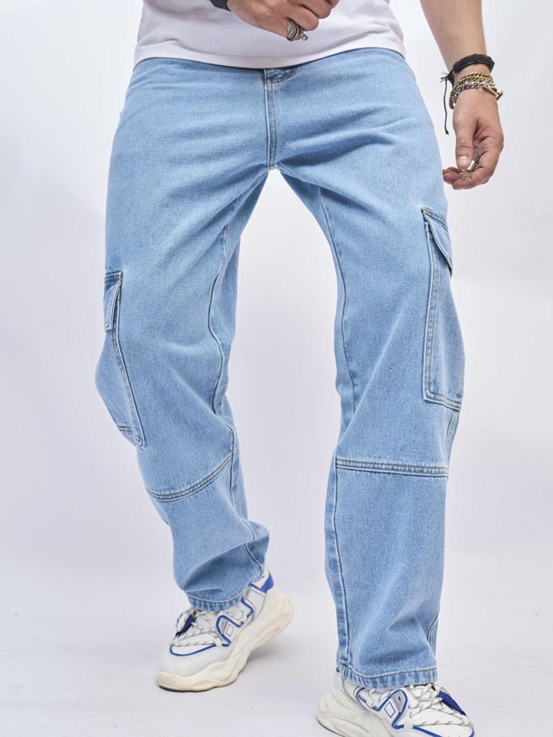 Product Introduction of Men's Flap Pocket Button Fly Cargo Jeans, Regular Fit Casual Street Comfy Denim Pants for Daily Wear, Woven Bottoms for All Seasons, Cotton 7