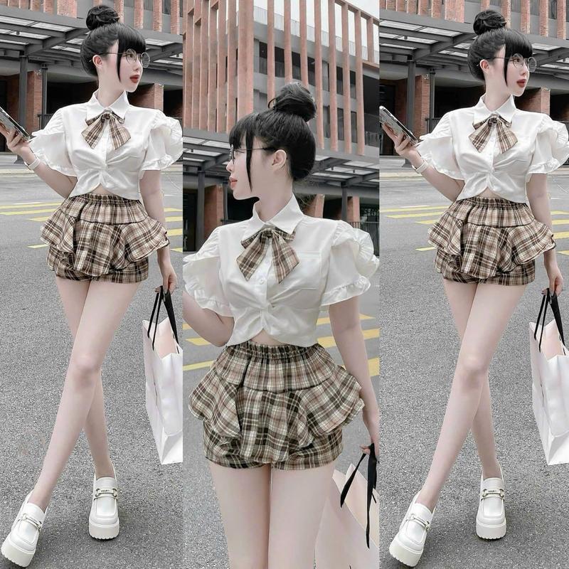 BEVEDA  Set Áo Sơ Mi Tay Bồng Phối Nơ Caro xᶖnh Xắn Kết Hợp Quần Váy Xếp Ly Họa Tiết Kẻ, Chất Liệu Kate Lụa Cao Cấp, Màu Sắc Thanh Lịch, Size Dưới 53kg, Phong Cách Trẻ Trung, Nữ Tính