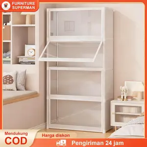 Lemari Kain Plastik Susun Lemari Baju Anak Serbaguna Lemari Baju Wardrobe Pintu Transparan