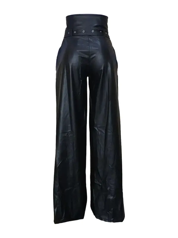 Women's Solid Belted Pocket PU Leather Pants, Street Fashion Zipper Fly High Waist Trousers for Daily Wear, Ladies Bottoms for Fall & Winter 3