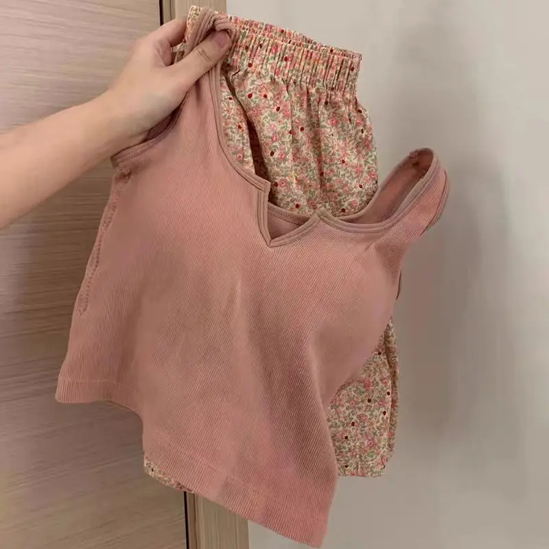 Bộ Đồ Ngủ Áo Vest Pijama, Thiết Kế Hoa, Eo Co Giãn, Ngực Có Đệm, Quần Mặc Nhà, Bộ Đồ Mùa Hè, Dành Cho Nữ