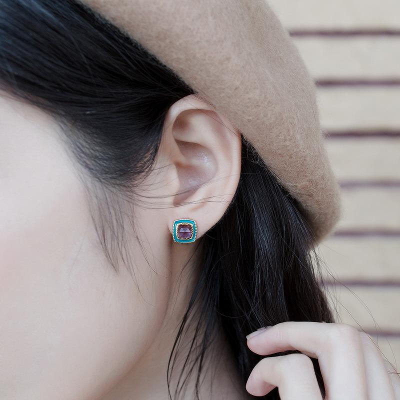Product Introduction of Bông Tai Đinh tán Họa Tiết, Thả Amethyst Tự Nhiên, Men Dầu Màu Xanh Lá Cây, Dành Cho Phụ Nữ, Bạc S925 Mạ Vàng, Bông Tai Đá Quý 5