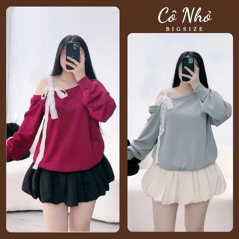 Set tiểu thư bigsize nữ áo sweater bigsize nữ tay dài lệch vai thắt nơ ren 1 bên kèm chân váy bí chất lụa - SET931
