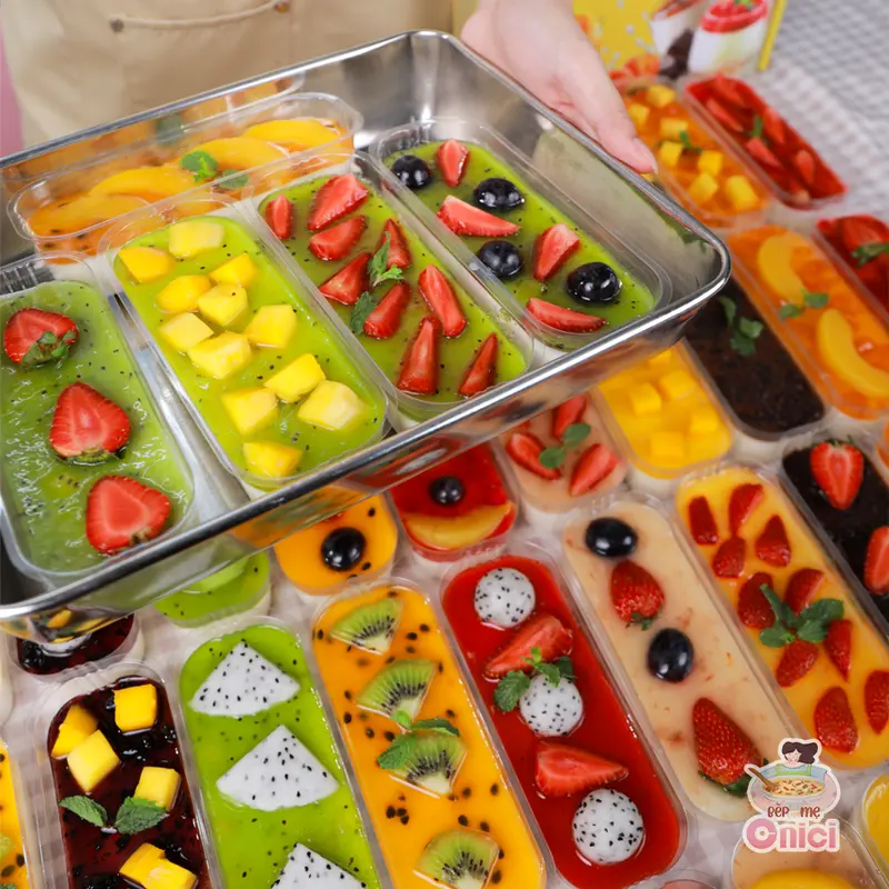 Set nguyên liệu Panna Cotta Bếp Của Mẹ Onici sẵn 5 vị sốt dâu, đào, socola, kiwi, chanh dây [set Panna Cotta nấu được 60-65 hũ 60ml/hũ)] - kèm công thức nấu 5