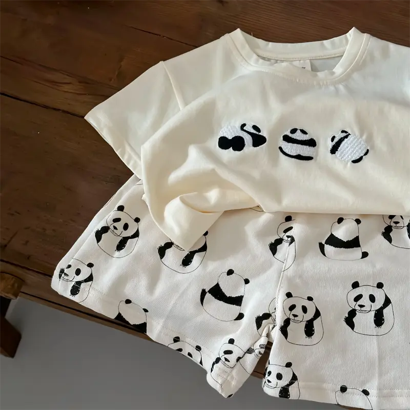Bộ ngắn Tay Cho Trẻ Em, 100% Cotton, Hàng Mới Về Mùa Hè 2023, Dành Cho Bé Trai Và Bé Gái, Thêu Gấu Trúc Cho Bé Bộ Quần Đùi ngắn Tay