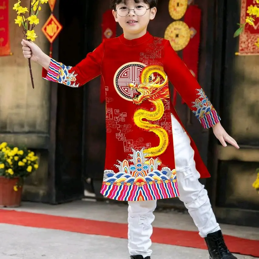 áo dài cách tân bé trai chất liệu vải gấm thượng Hải. Lưu ý không kèm quần