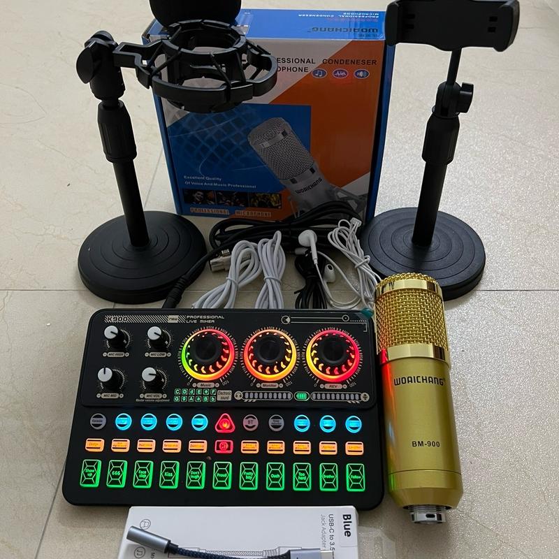 com bo micro thu âm bm900 soucar k900 kèm tai nghe kẹp mic kẹp điện thoại zac chuyển dùng cho máy live chân dẹt k900 bản tiếng việt