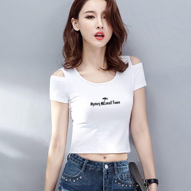 Áo Phông Tay Ngắn, Mỏng Vừa Vặn, Thiết Kế Hoa Cúc Nhỏ Trễ Vai Bộ Sưu Tập Người, Dành Cho Phụ Nữ, Cạp Cao, Dài Đến Rốn, Cổ Tròn, Phong Cách Ngôi Sao, Bộ Sưu Tập Mùa Hè 2025, Áo Trên, [Người Sưu Tập 8147 8