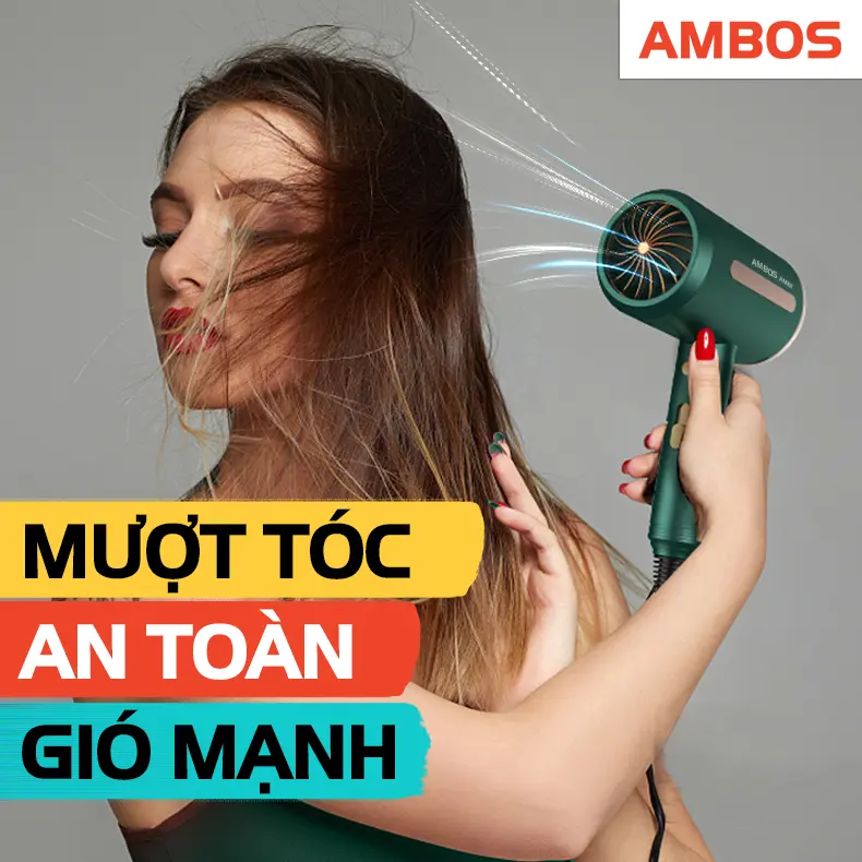 Máy sấy tóc Ambos 3 mức nhiệt nóng lạnh, ion âm và ánh sáng nano xanh giúp mượt tóc chống khô xơ, lực sấy mạnh, bảo hành đổi trả toàn quốc nếu lỗi 1