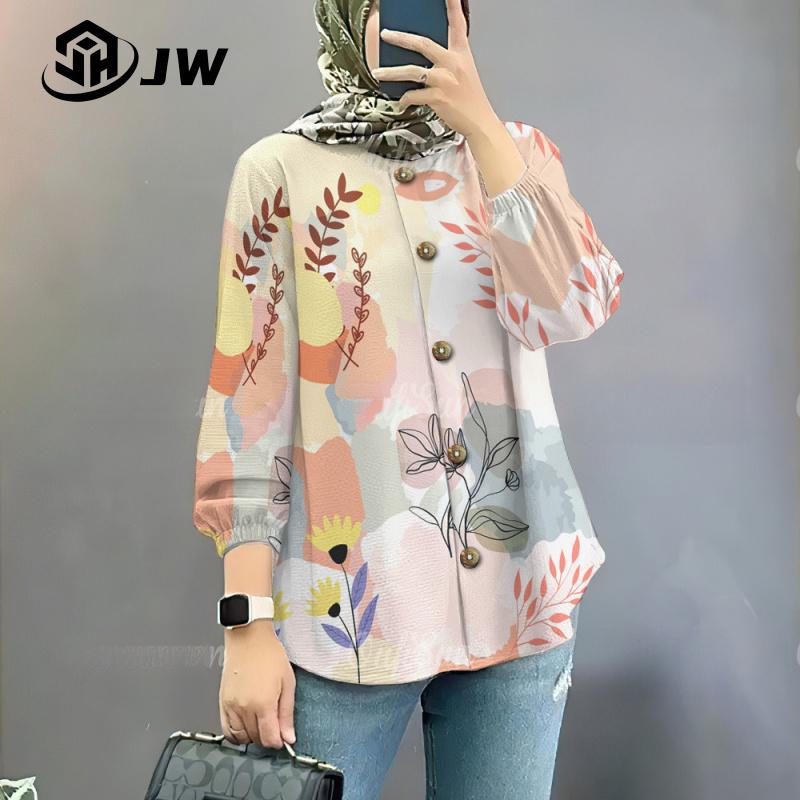 Product Introduction of Elegant Muslim clothing Muslim shirt, loose retro beautiful flower button style long sleeved shirt Muslimah top 27