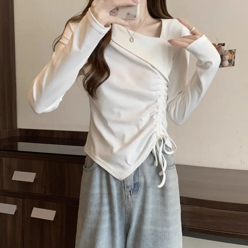 Áo Thun Dài Tay Thiết Kế Mùa Xuân Ngoại Cỡ Phong Cách Sang Trọng Bất Đối Xứng Dành Cho Nữ, Với Lớp Nền Dây Rút, Thích Hợp Cho Cô Gái Đầy Đặn, Áo Dễ Phối Đồ 3