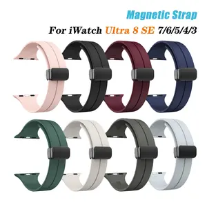 Magnetic Tali Cocok iWatch Band 42mm 44mm 45mm 49mm Silicone Bracelet Strap Series 7 8 9 Metal Jam