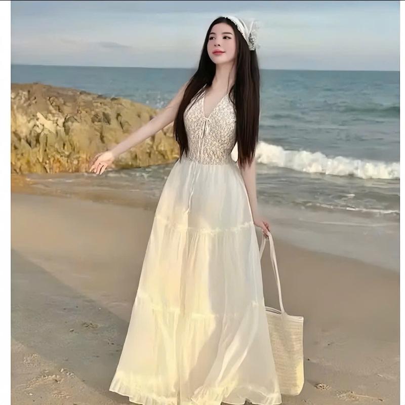 Đầm váy nữ ren thiết kế cổ V cột dây nơ phối váy voan tơ xòe xinh xắn tông dáng cho các nàng diện đi ,chơi biển.women top. 3