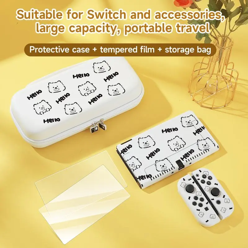 Cartoon Cat Pattern Protective Case with Storage Bag & Screen Protector & Accessories, Large Capacity Storage, Anti-fall Protective Cover for Switch OLED 3