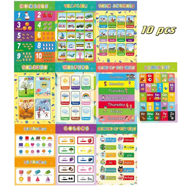 10PCS Educational Preschool Posters Charts for Preschoolers Toddlers Kids Kindergarten Alphabet