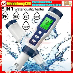 Multifungsi 5 in 1 Pena Pengukur Digital Kualitas Air Dengan Monitor Salinitas Dan Termometer Untuk Akuarium Air Minum Dan Kolam Ren PPM Temperature Meter Digital Water Quality Tester Peng PH/TDS/EC/ORP/SG/Salinity
