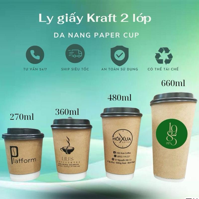Lốc 100 ly giấy Kraft 2 lớp đủ size có nắp. cốc