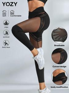 YOZY Women's Contrast Mesh Sheer Skinny Pants, Casual Comfy Breathable High Waist Leggings for Yoga Gym Workout, Ladies Bottoms for Spring