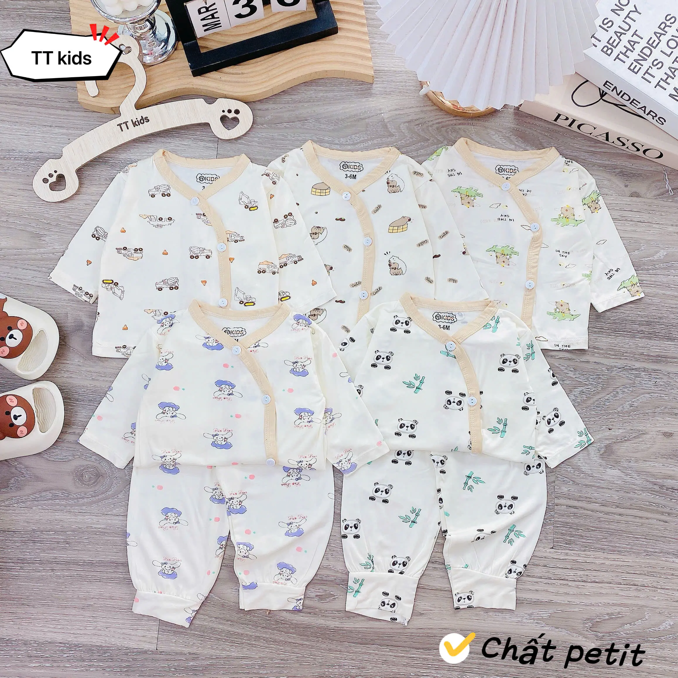 Combo 3-5 bộ dài tay cúc lệch cho bé sơ sinh, phong cách Hàn Quốc, chất liệu Peptit co giãn bốn chiều