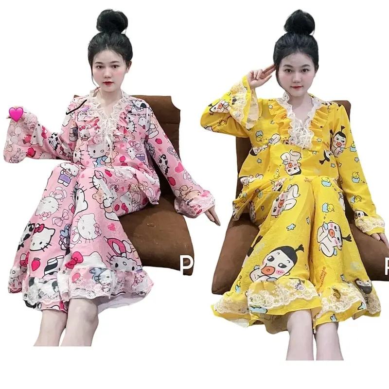 Đồ bộ hoạt hình tiểu thư đũi xốp phối ren Women Nữ Top 0