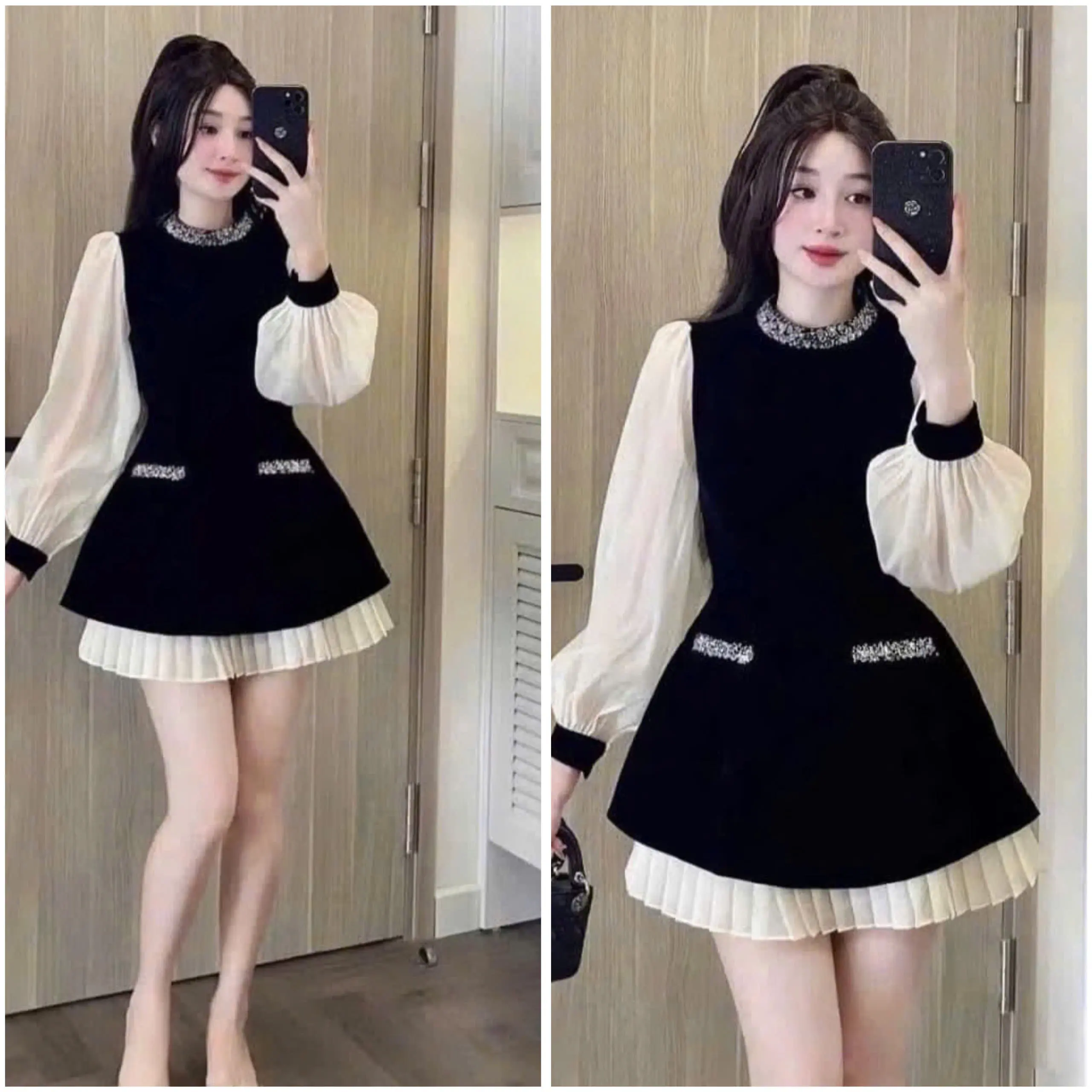 Đầm nữ chất nhung phối tay dài bông phogn cách sang chảnh