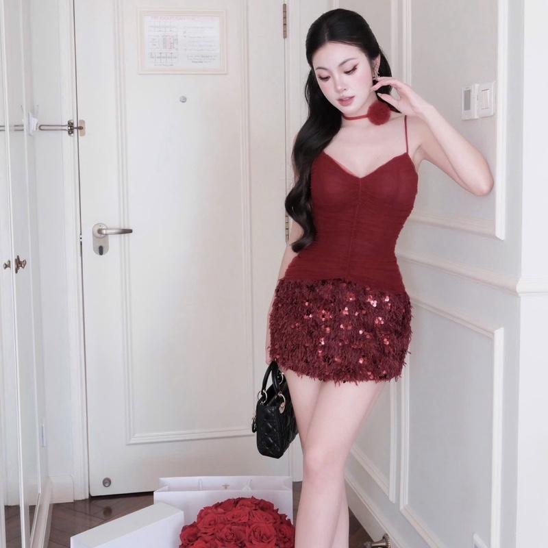 Váy 2 dây thun lưới nhún phối lông vũ kim sa