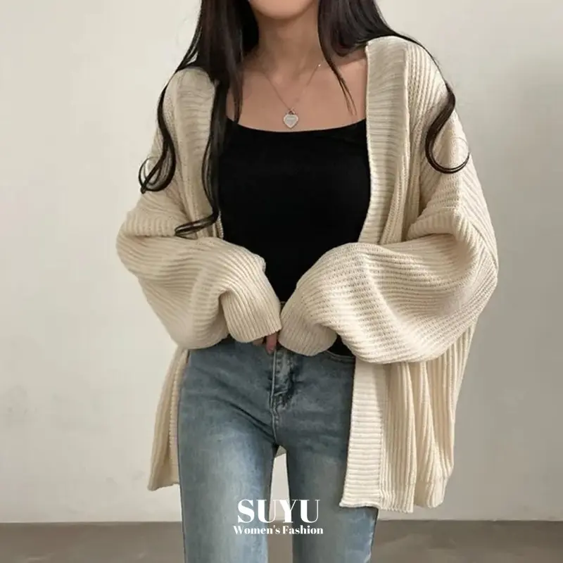 Retro Casual Simple New Round Neck Long Sleeved Sweater Women Knitted Cardigan 240711