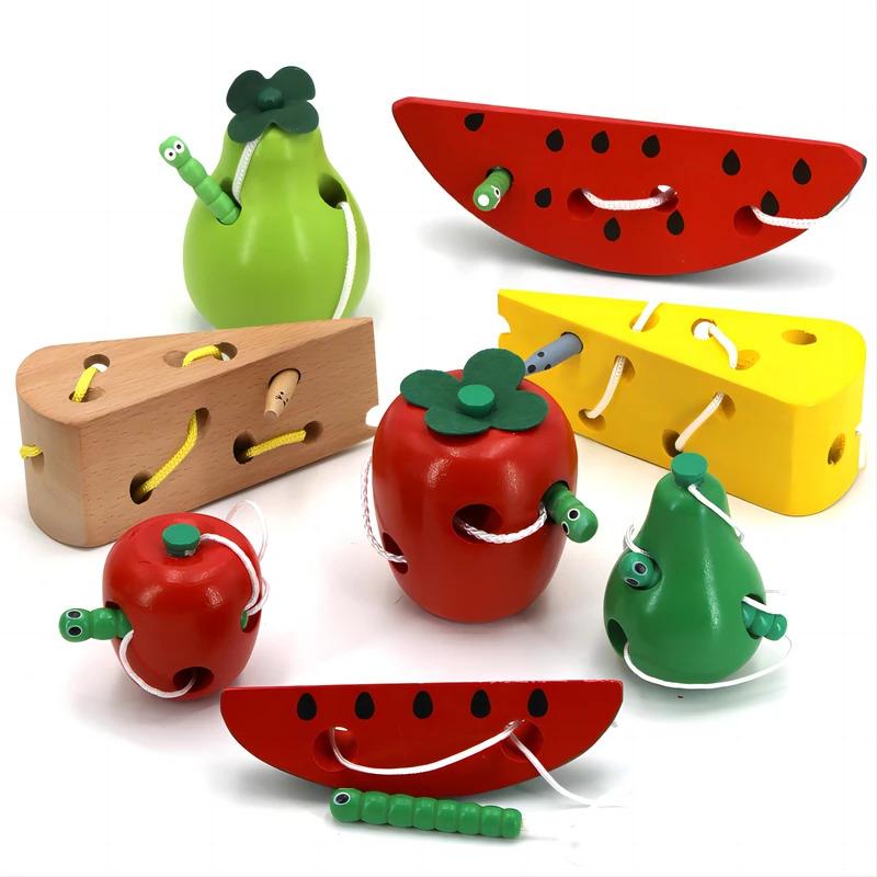Montessori Educational Toys Fun Wooden Toys Bugs Eating Fruit Apple Pear Early Education Teaching Aid Toys Gift 1
