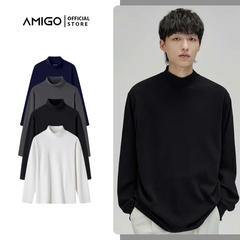 Áo Giữ Nhiệt Nam Nữ Dài Tay Cao Cấp AMIGO Thun Cổ Cao Lót Nỉ Bông Co Giãn Giữ Ấm Màu Sắc Trẻ Trung Đen