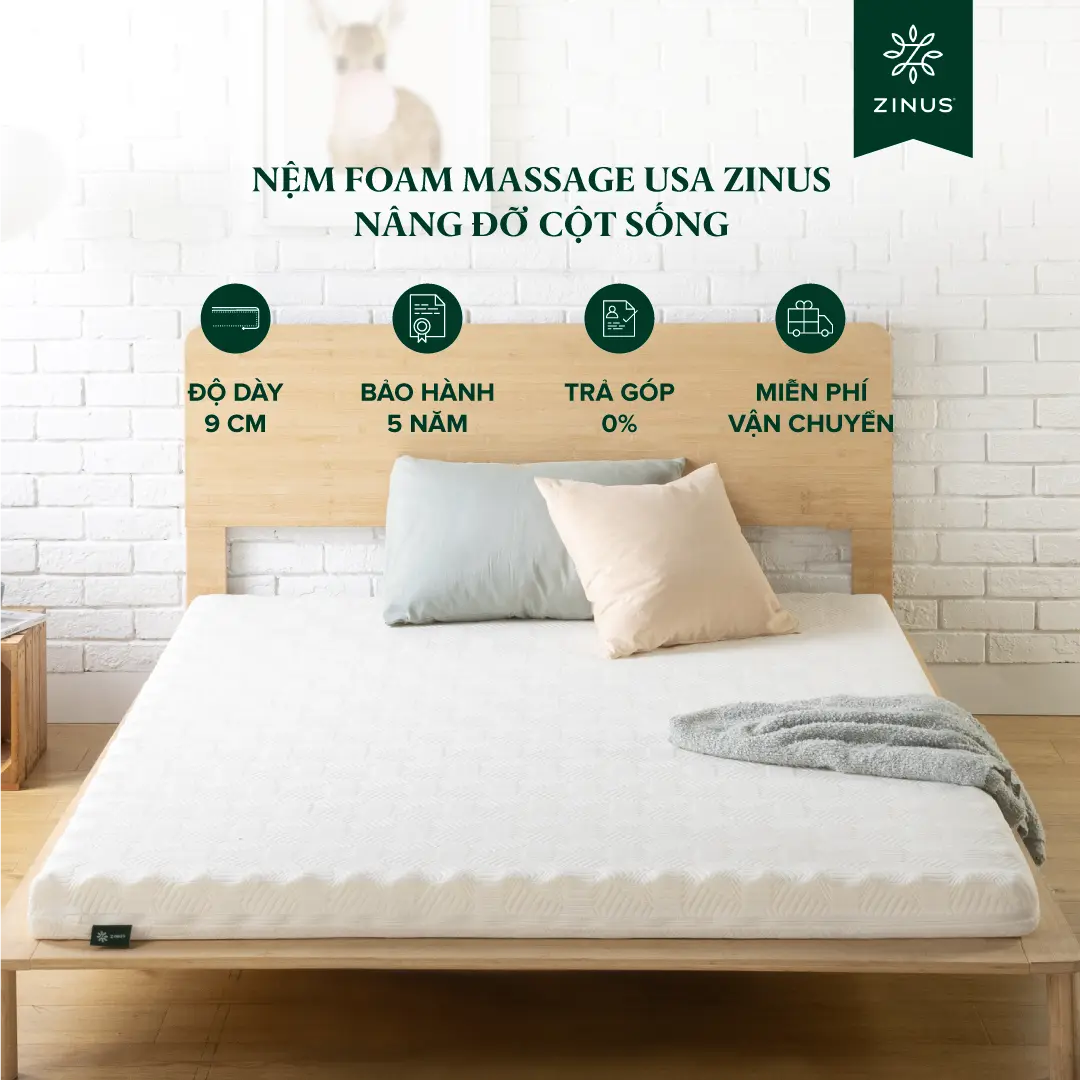 Nệm Foam Massage USA Zinus 9cm - Nâng Đỡ Cột Sống, Giảm Nhức Mỏi Toàn Thân & Thoáng Khí