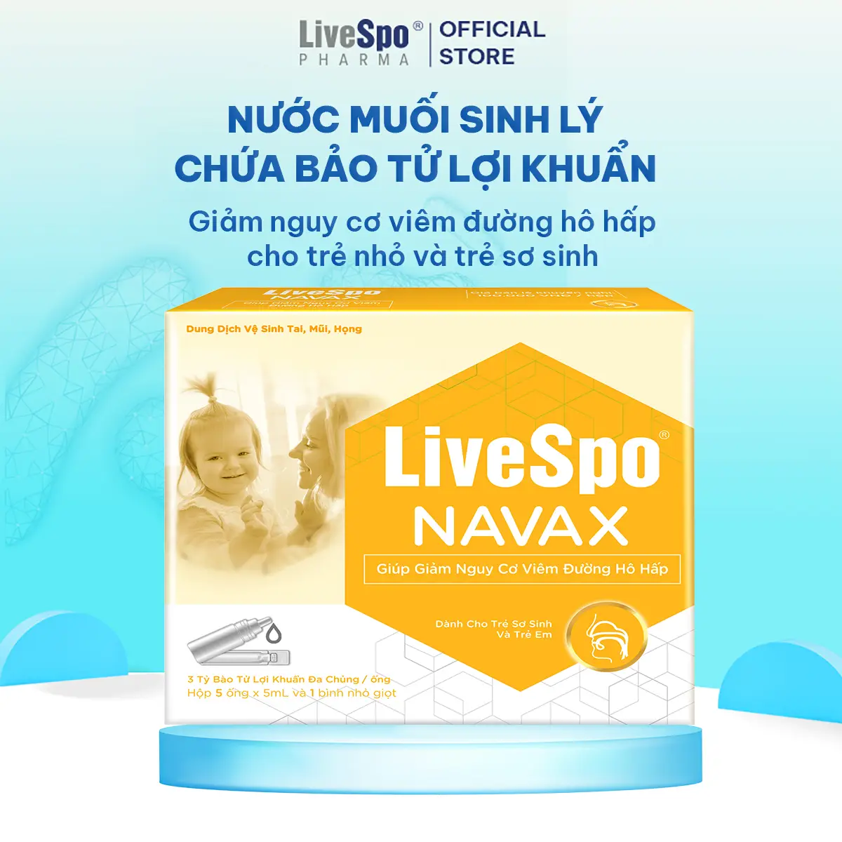 Nước muối sinh lý vàng cho bé sơ sinh LiveSpo Navax Kids chứa 3 tỷ Bào tử lợi khuẩn - Nhỏ vào tai mũi họng (hộp 5 ống x 5ml và 1 lọ nhỏ giọt)