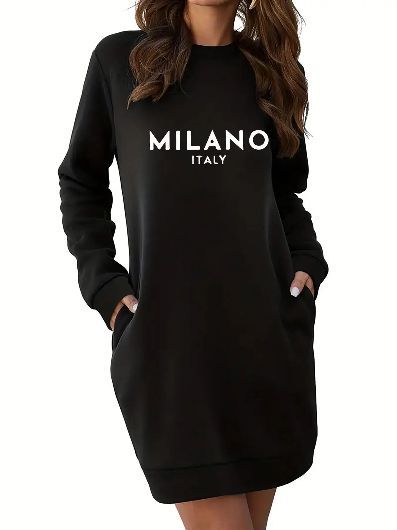 Women's Letter Print Pocket Sweatshirt Dress, Casual Long Sleeve Round Neck Short Dress for Fall & Winter, Women's Clothing for Daily Wear