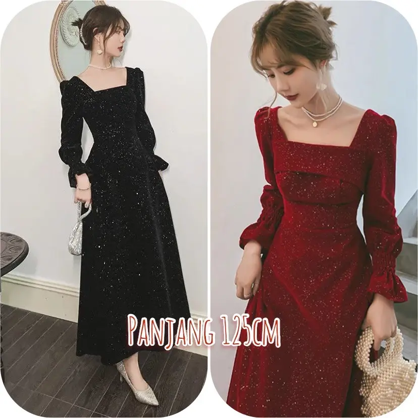 D28/25 Long dress velvet square neck / Gaun panjang beludru lengan panjang leher kotak / dress hijab friendly / party dress elegant / maxi dress A line Boat Neck Boat Neck Formal Wanita