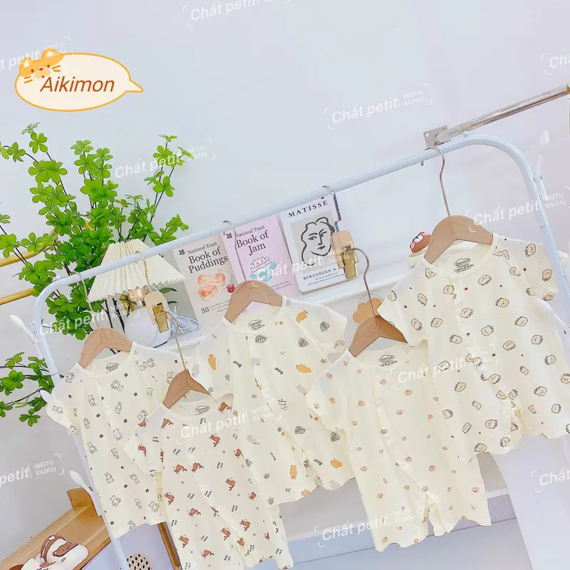 Áo liền quần ngắn tay, Jumpsuit cộc tay vải peptit mềm mát co giãn tốt cho bé trai bé gái sơ sinh từ 3-9kg BD01 0