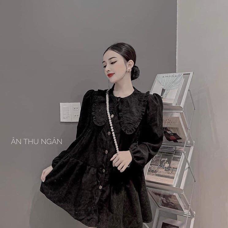 Đầm bầu thu đông chất nhung tăm.dáng babydoll cổ bèo đơn giản siêu xinh cute dành cho các nàng yêu đi chơi dự tiệc
