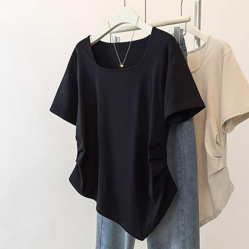Product Introduction of Quần Áo Nữ Cotton ngoại Cỡ Ins-2024-Ins, Áo Thun Ngắn Tay Dáng Rộng Và Bất Đối Xứng Mùa Hè Cho Cô Gái Đầy Đặn Áo Dài Qua Gối Cổ Vuông Mới OOTD 9