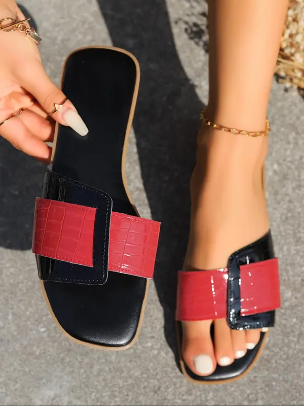 Women's Fashionable Colorblock PU Leather Slides, Casual Comfortable Flat Sandals for Summer, Lightweight Breathable Shoes for Daily Wear, Girl 6