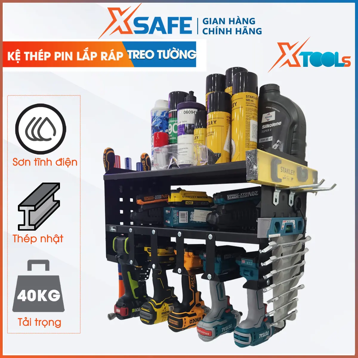 Kệ máy khoan pin, kệ treo đồ nghề dụng cụ phủ lớp sơn tĩnh điện cao cấp, thép Nhật dập nguyên tấm treo máy siết bulong, cờ lê, tua vít