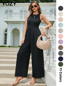YOZY Pleated Zipper Back Wide Leg Tank Jumpsuit, Casual Sleeveless Round Neck Jumpsuit, Women's Daily Outdoor Wear for Summer & Fall