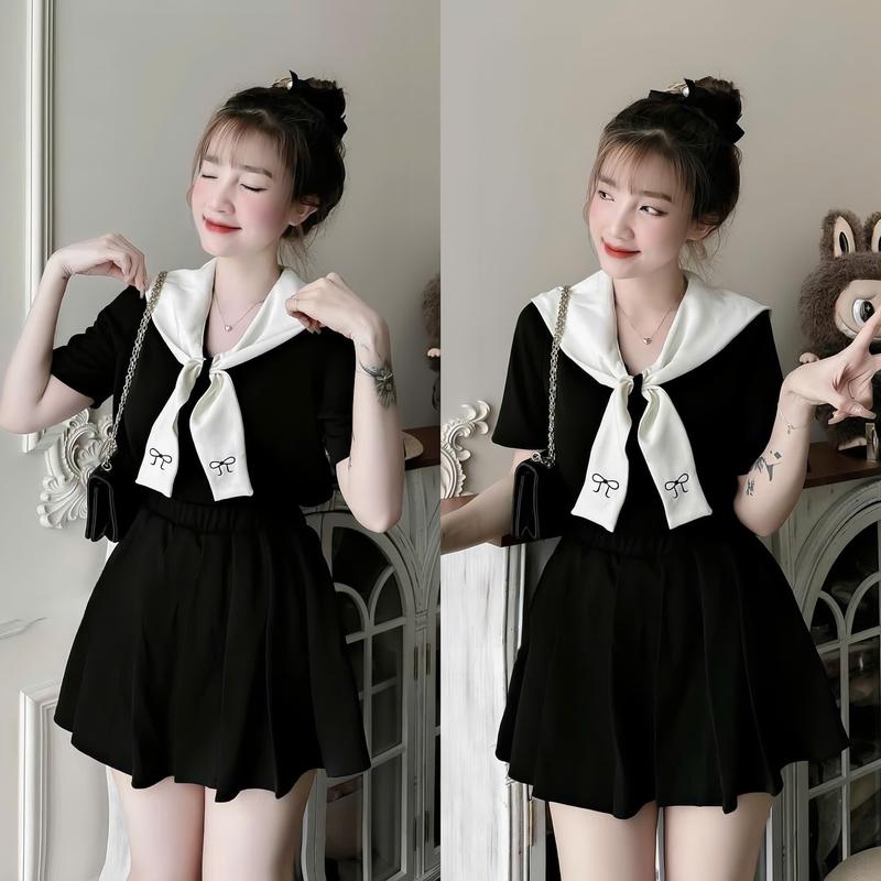 Set đồ nữ áo tay ngắn phối cổ thêu nơ kèm chân váy xếp ly [Có Lót Quần] sang chảnh dành cho các nàng diện đi chơi, đi tiệc Top Women