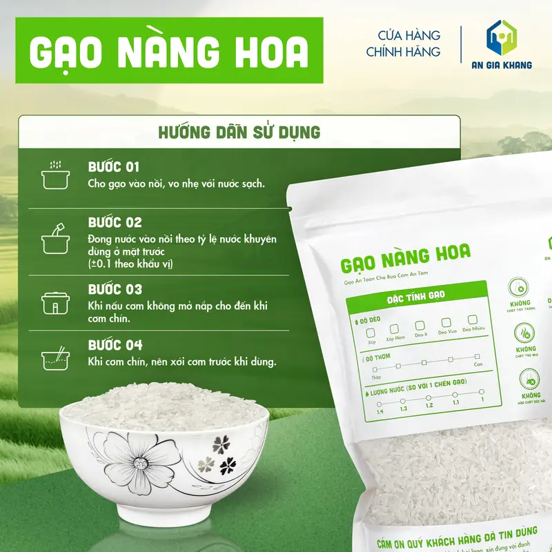 Gạo Nàng Hoa AGKF (An Gia Khang Food) - Thơm Nhẹ, Dẻo Vừa (Túi 400g, 1kg, 2kg) 1