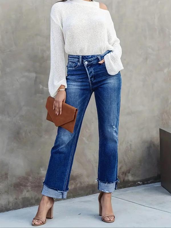 Women's Solid Color Jeans, Casual Comfy Wide Leg Denim Pants for Daily Wear, Ladies Bottoms for All Seasons 3