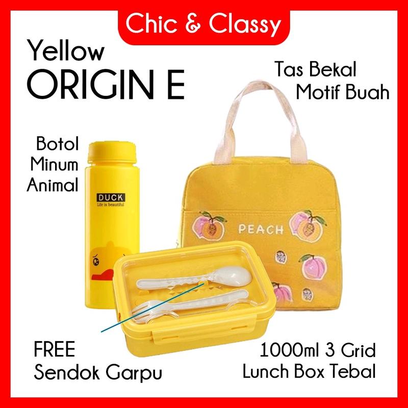 Origin E : set kotak makan 3 grid tebal + sendok dan garpu + tas bekal + botol minum / lunch box Pink Blue 1