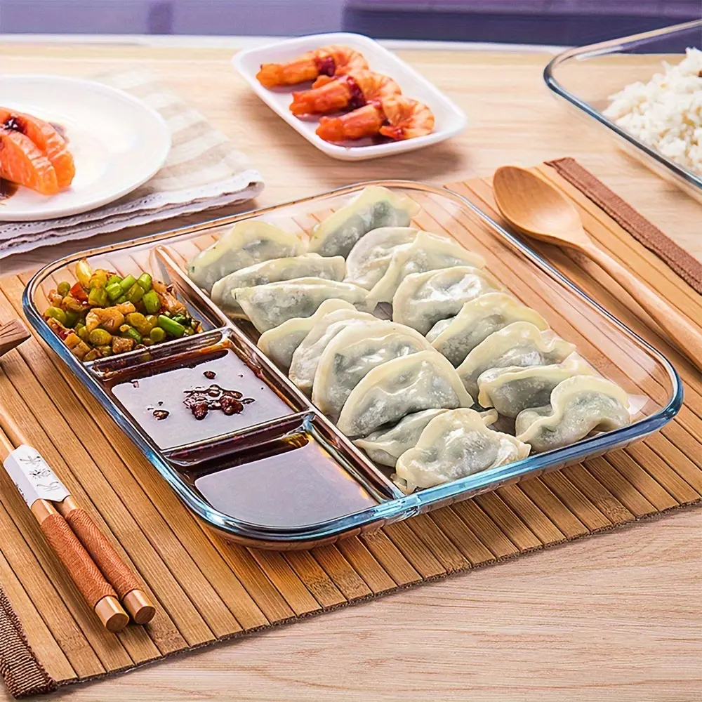 1pc transparent heat-resistant glass divided plate, with sauce dish and ...