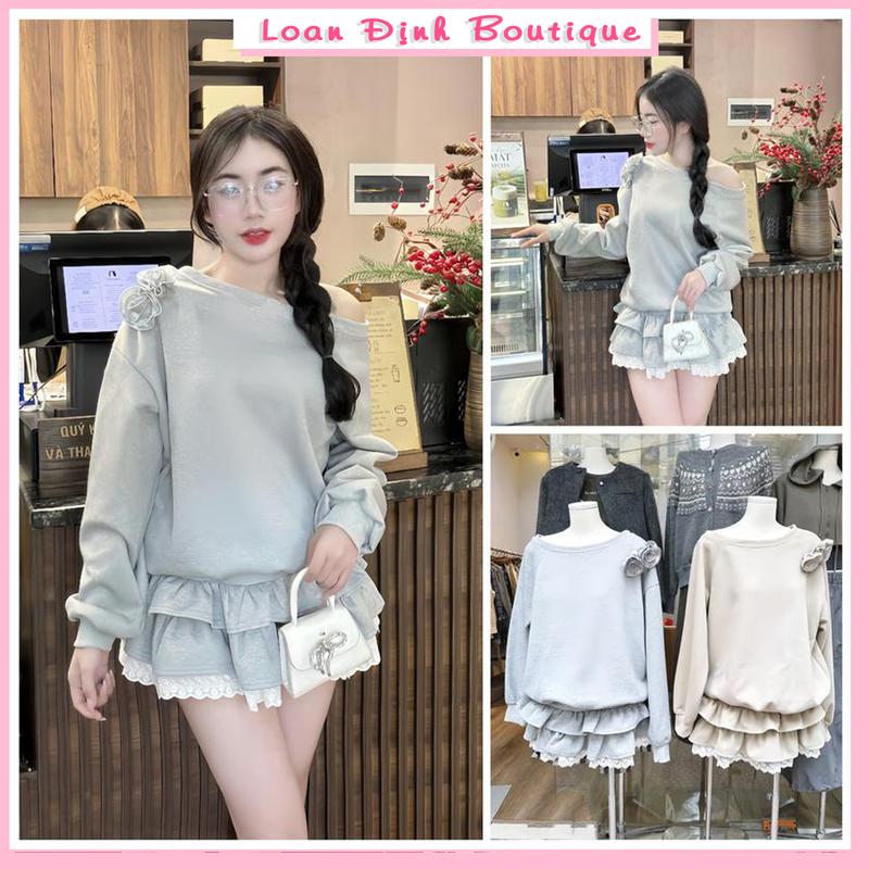 Set Bộ Áo Nỉ Form Rộng Mix Hoa Ống Tay Dài Kèm Chân Váy Tầng Phối Ren Trẻ Trung Dễ Mặc By Loan Định Boutique LD034 Kem Nữ
