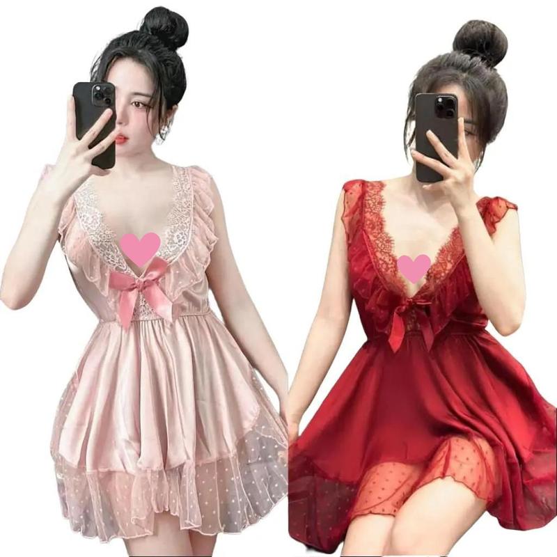 Đầm ngắn lưới bi có đệm ngực, Váy ngủ lụa latin Freesize 4O - 58kg Women Nữ Dress Đầm Ngủ Đỏ