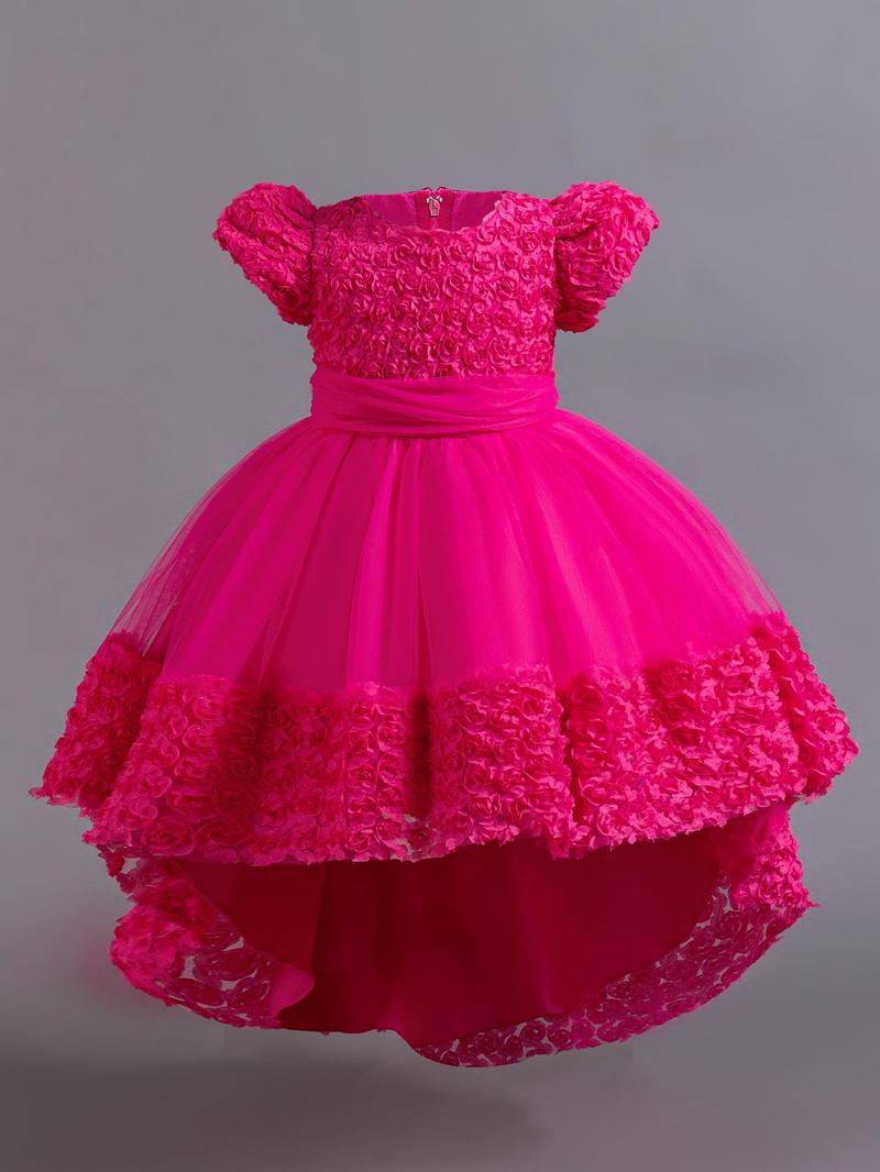 Product Introduction of Girl's Floral Appliques Big Bow Decor Contrast Mesh High Low Hem Fit & Flare Dress, Elegant Puff Sleeve Zipper Back Party Dress for Performance Wedding Guest, Kids Clothes for All Seasons 16