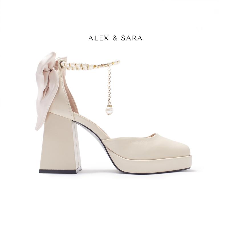 AL442- Sandal đúp mũi vuông vòng cổ charm khóa ngọc trai, cách điệu nơ hậu sau tiểu thư sang chảnh nữ tính Alex Sara Shoes GiàY