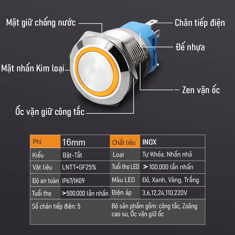 Nút công tắc on/off 16mm, Kiểu nhấn Tự khóa, Vỏ Kim loại có đèn LED, Điện áp 5V-24V, 110-220V 6