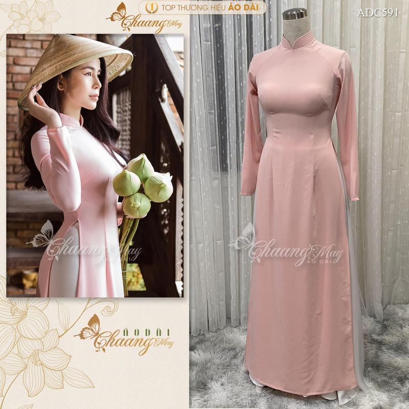 Áo dài hồng phấn mịn CHAANG May Sẵn ADC591 dáng áo truyền thống tôn dáng, vải lụa Mỹ hồng